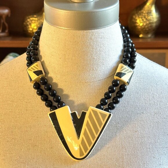 Bold Ceramic Geometric Necklace, 80s Statement Beads - Picture 7 of 9